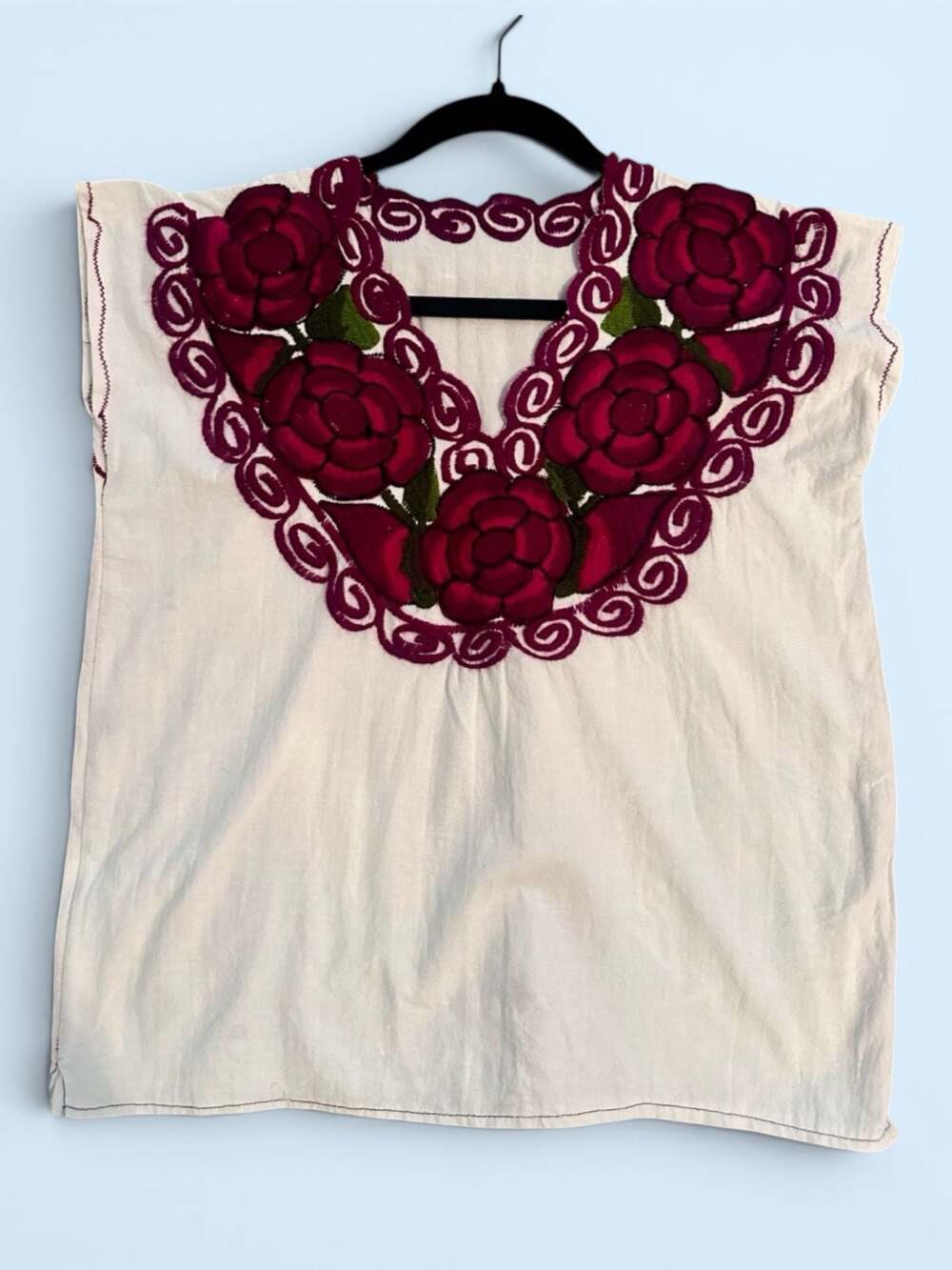 Mexican Hand Embroidered Floral Zinacantan Blouse White Cotton Boho Top